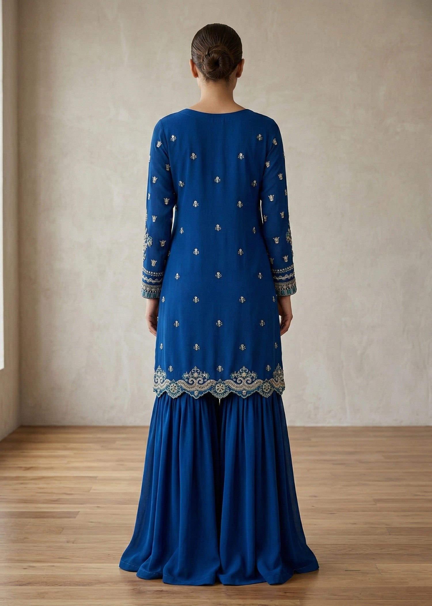 Dark Blue Chiffon Gharara Suit for Women Online in Dubai UAE Abudhabi Ajman Sharjah