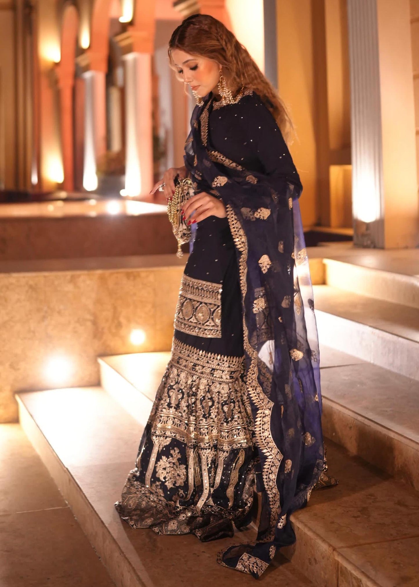 Dark Blue Chiffon Gharara with Flared Bottom Online in Sri Lanka India Australia