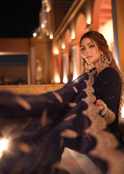 Dark Blue Chiffon Gharara with Potli Bag Online in Dubai UAE Abudhabi Ajman Sharjah
