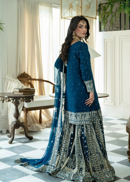 Dark Blue Chiffon Partywear Sharara Gharara Online in KSA Riyadh Saudi Arabia Oman Bahrain Qatar