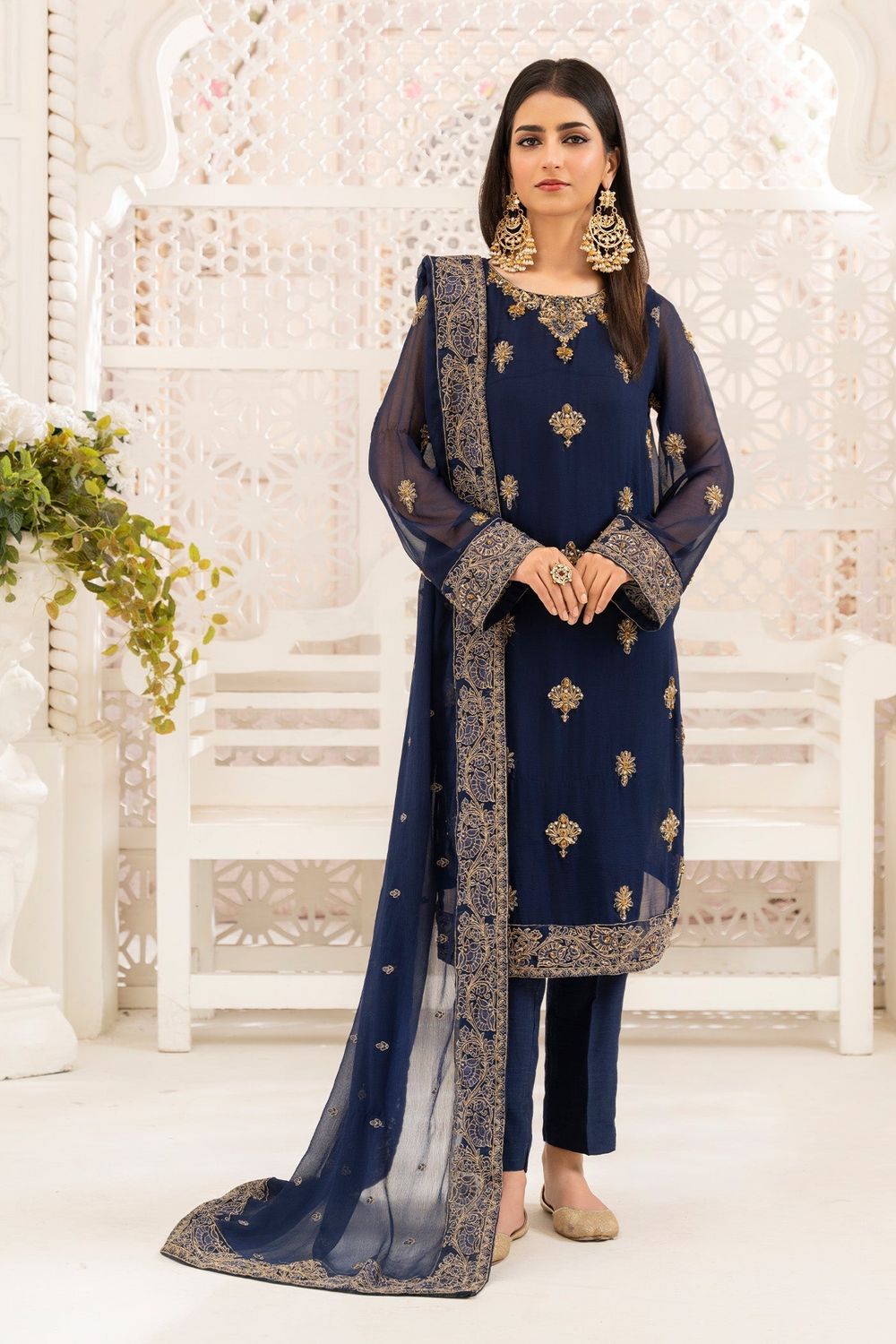 Dark Blue Chiffon Straight Kurta Suit Online in Dubai UAE Abudhabi Ajman Sharjah
