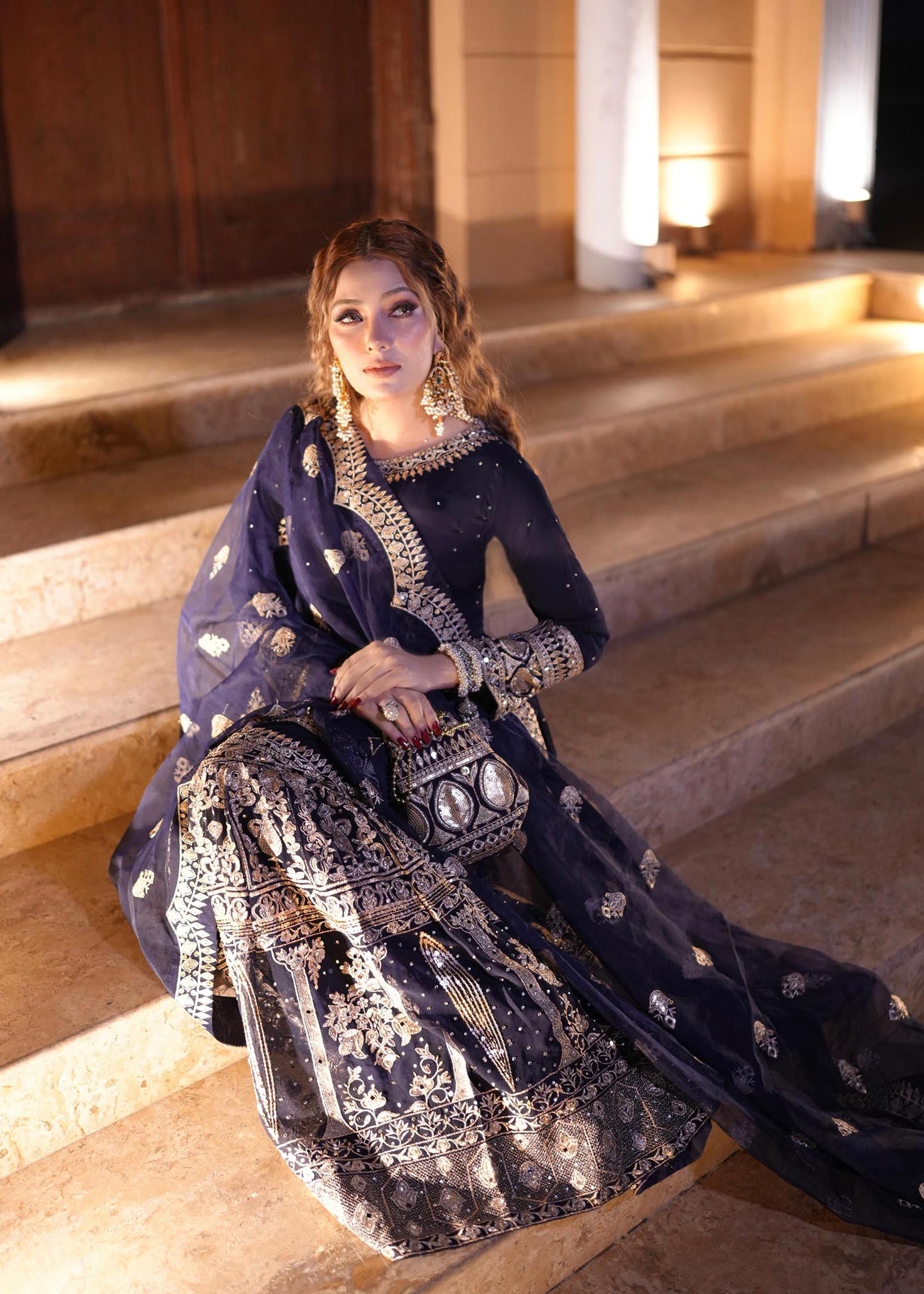 Dark Blue Embellished Chiffon Gharara for Wedding Online in Dubai UAE Abudhabi Ajman Sharjah