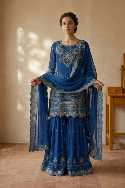 Dark Blue Embroidered Chiffon Gharara Suit Online in Dubai UAE Abudhabi Ajman Sharjah