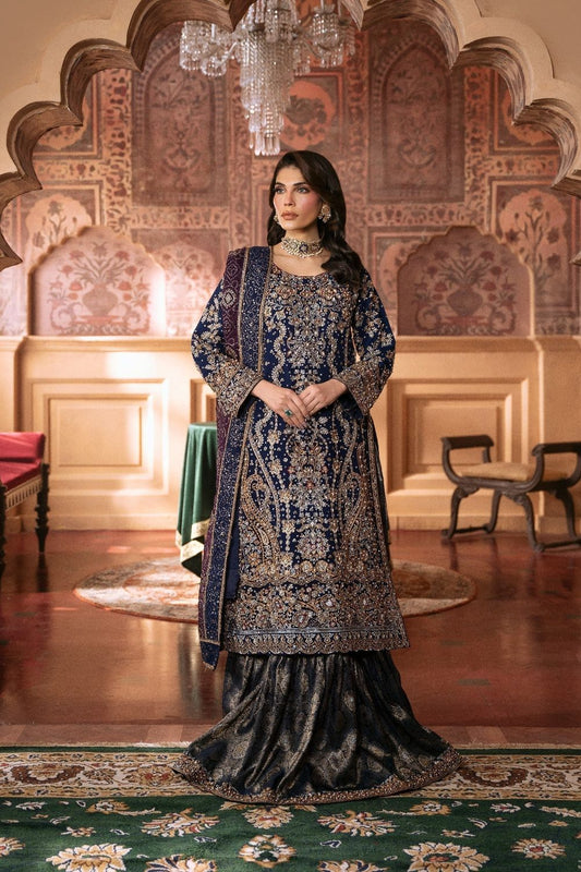 Dark Blue Embroidered Chiffon Jamawar Gharara Online in Dubai UAE Abudhabi Ajman Sharjah