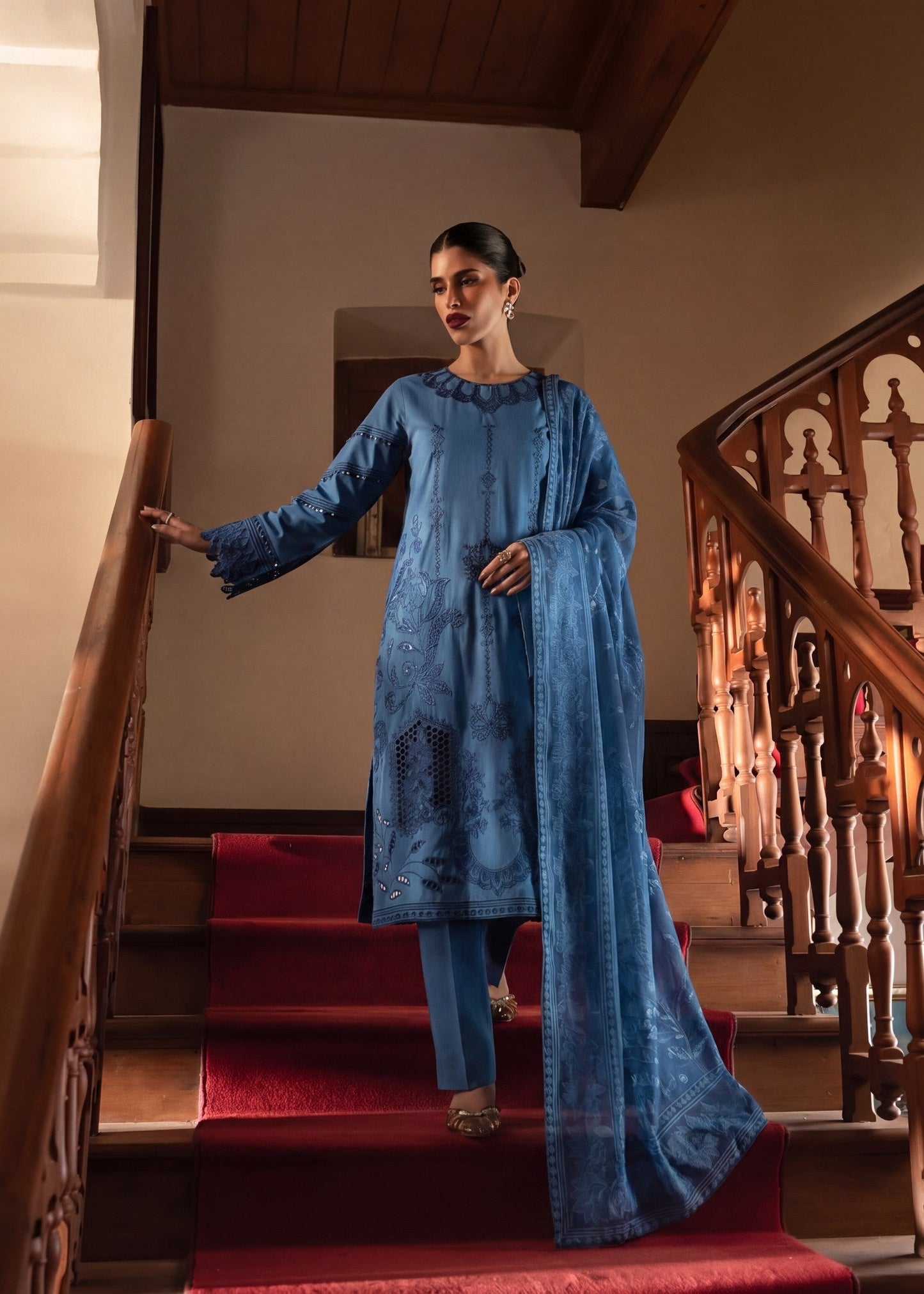 Dark Blue Embroidered Lawn Readymade Suit Online in Dubai UAE Abudhabi Ajman Sharjah