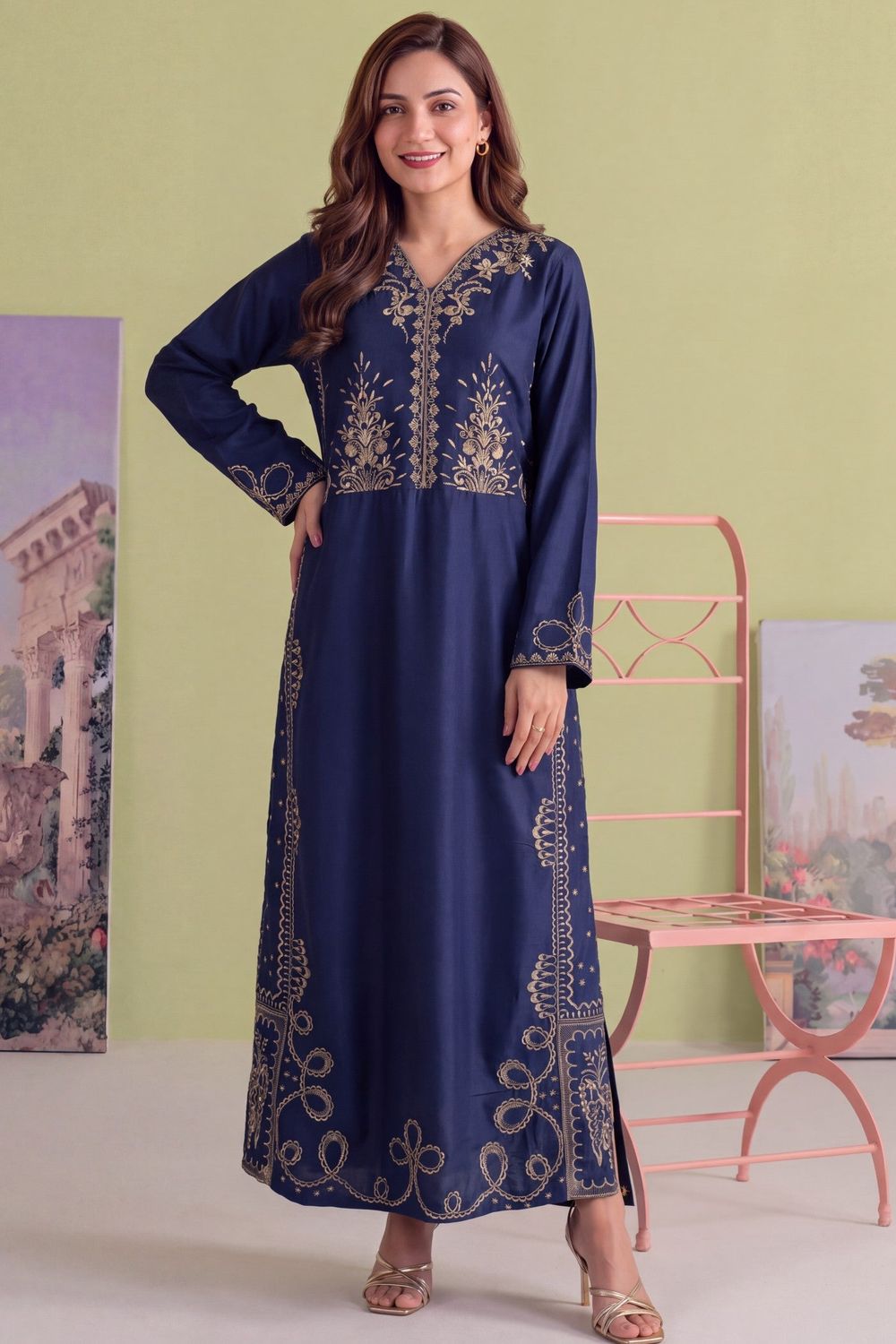Dark Blue Embroidered Linen Kaftan Online in Dubai UAE Abudhabi Ajman Sharjah