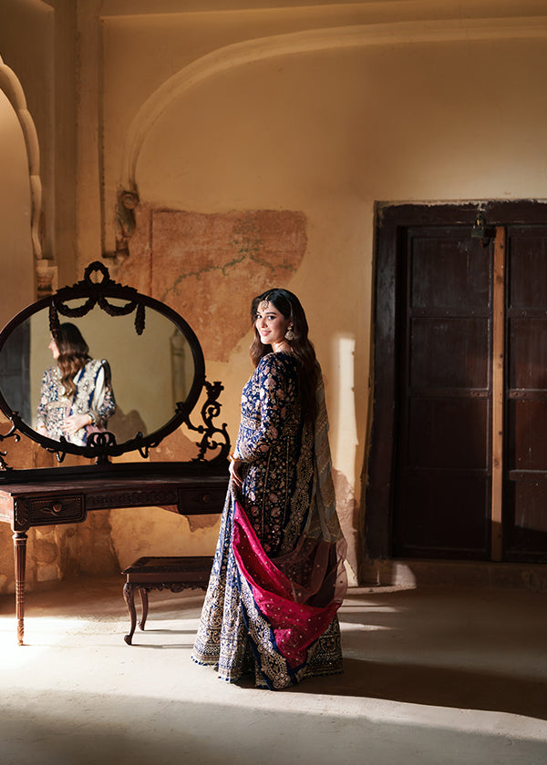 Dark Blue Handwoven Chiffon Wedding Guest Wear Online in Dubai UAE Abudhabi Ajman Sharjah