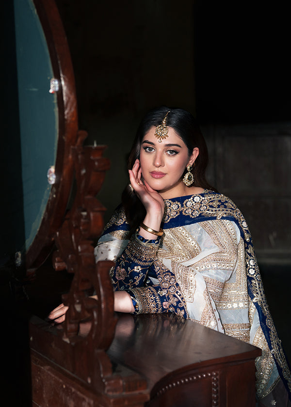 Dark Blue Handwoven Chiffon Wedding Guest Wear Online in Dubai UAE Abudhabi Ajman Sharjah
