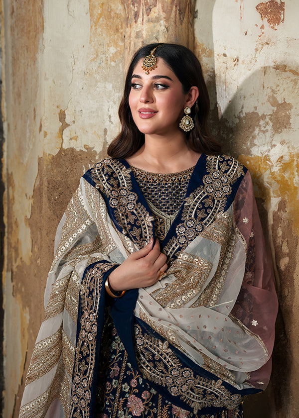 Dark Blue Handwoven Chiffon Wedding Guest Wear Online in Dubai UAE Abudhabi Ajman Sharjah