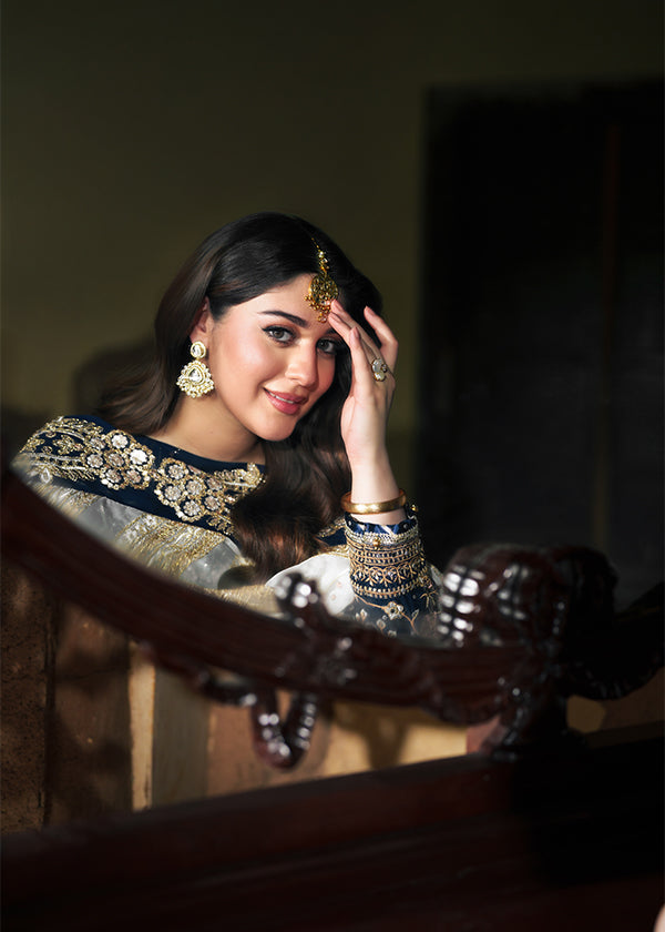 Dark Blue Handwoven Chiffon Wedding Guest Wear Online in Dubai UAE Abudhabi Ajman Sharjah