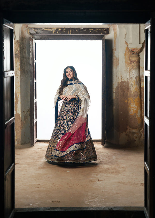 Dark Blue Handwoven Chiffon Wedding Guest Wear Online in Dubai UAE Abudhabi Ajman Sharjah