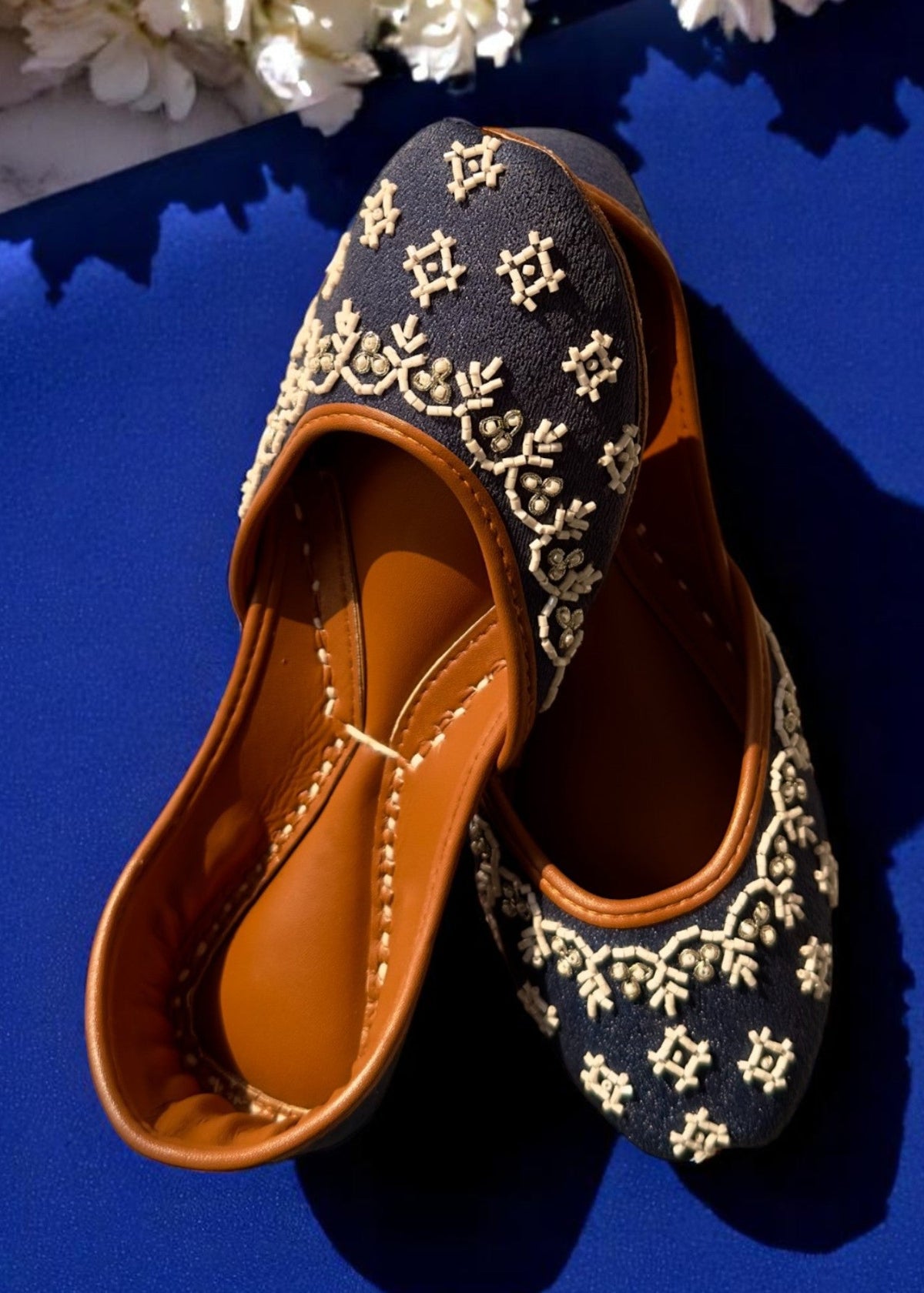 Dark Blue Leather Jutti with Traditional White Thread Work Online in Dubai UAE Abudhabi Ajman Sharjah