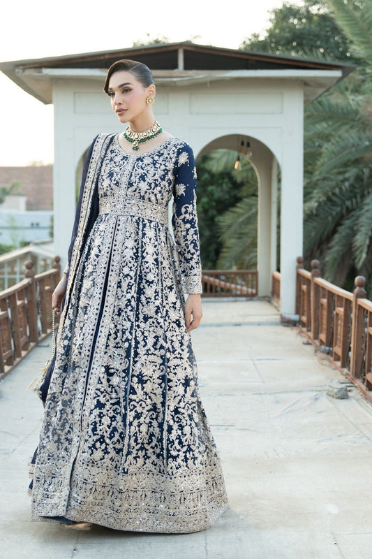 Dark Blue Net Pishwaas with Silver Embroidery Online in Dubai UAE Abudhabi Ajman Sharjah