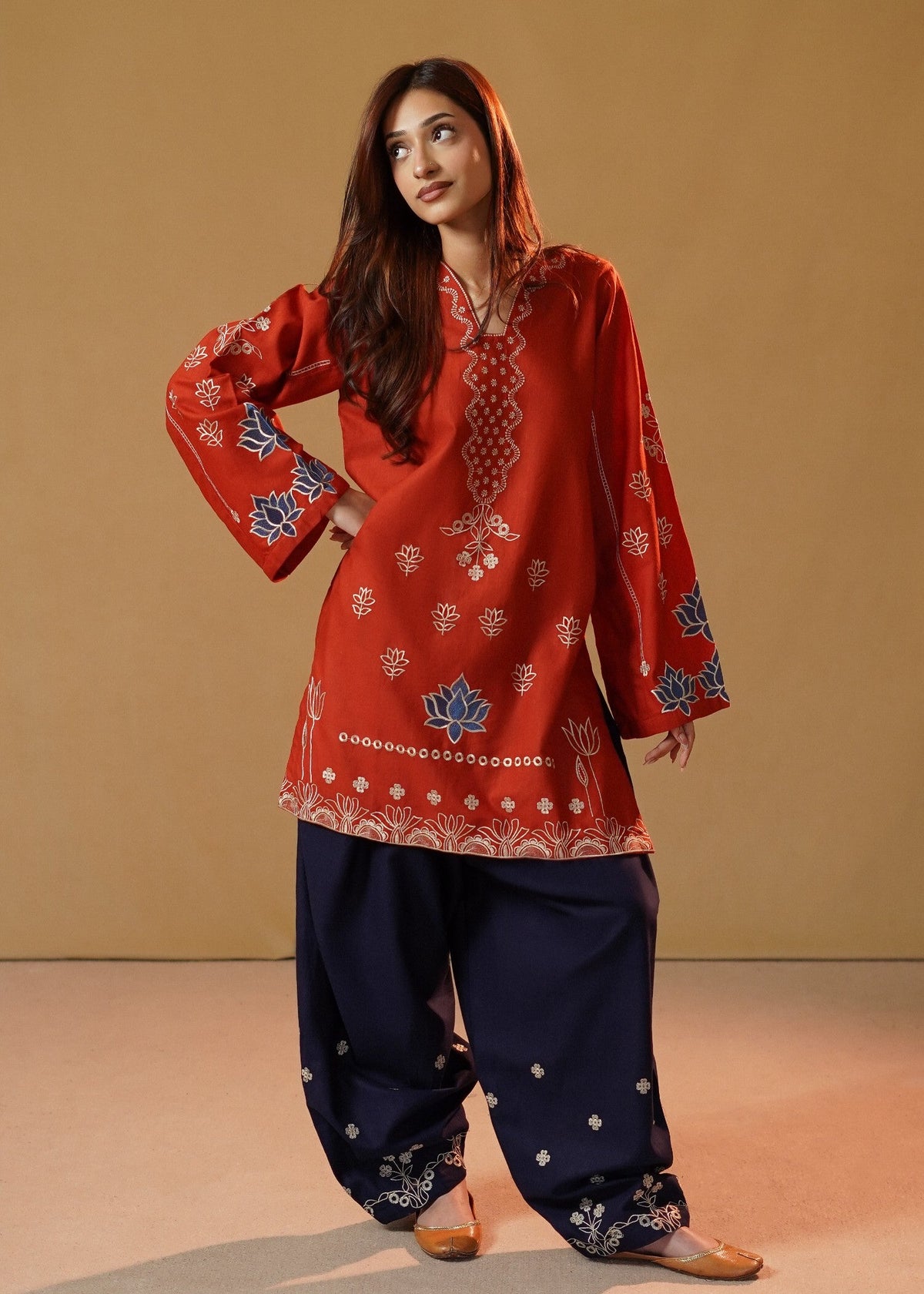 Dark Blue Rust Embroidered Slub Khaddar Online in KSA Riyadh Saudi Arabia Oman Bahrain Qatar