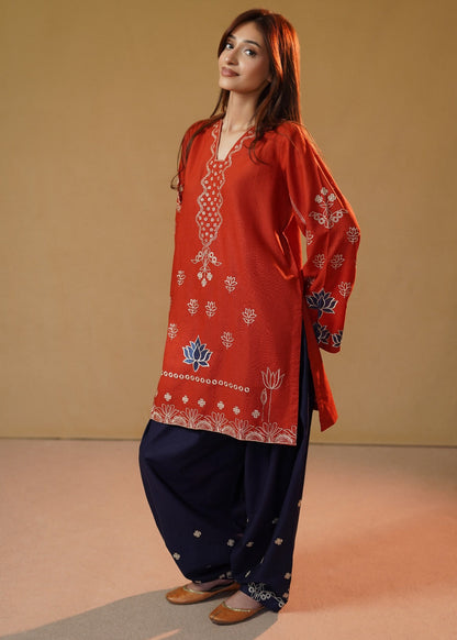 Dark Blue Rust Khaddar Pakistani Kurta Set Online in KSA Riyadh Saudi Arabia Oman Bahrain Qatar