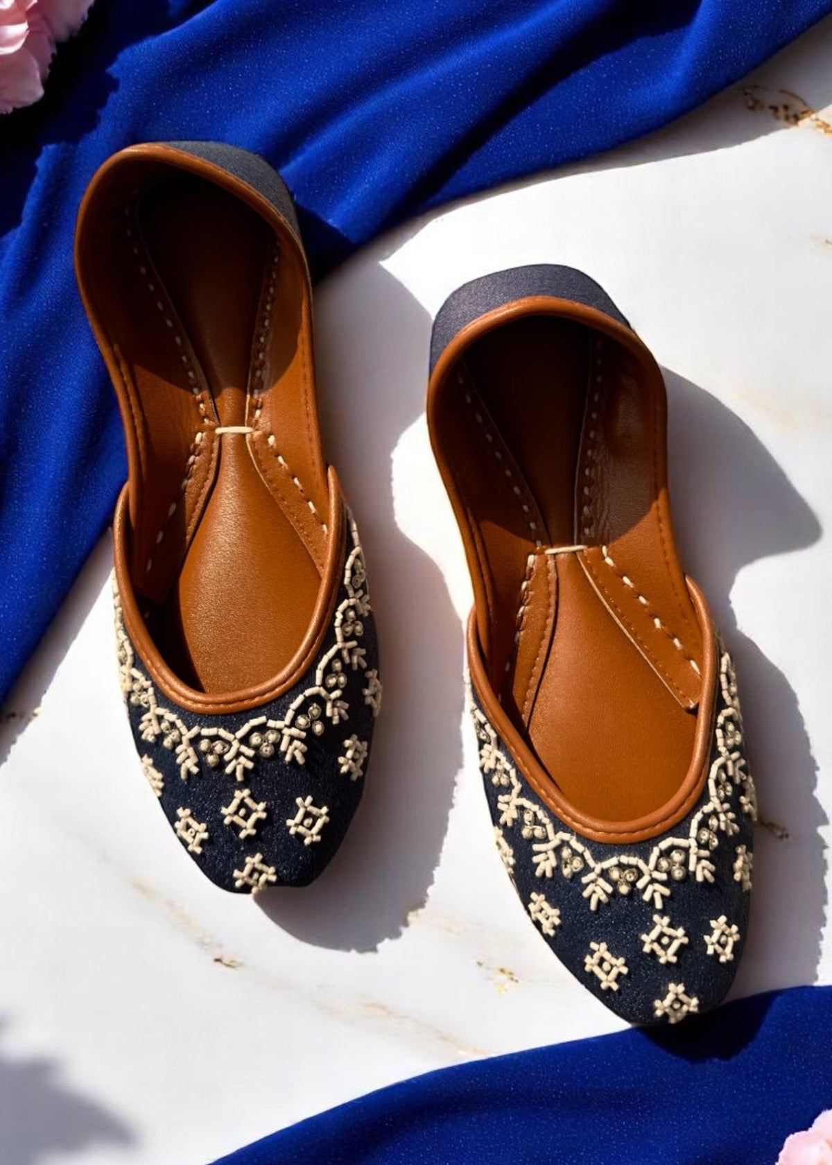 Dark Blue Thread Embroidered Leather Ethnic Shoes Online in Sri Lanka India Australia