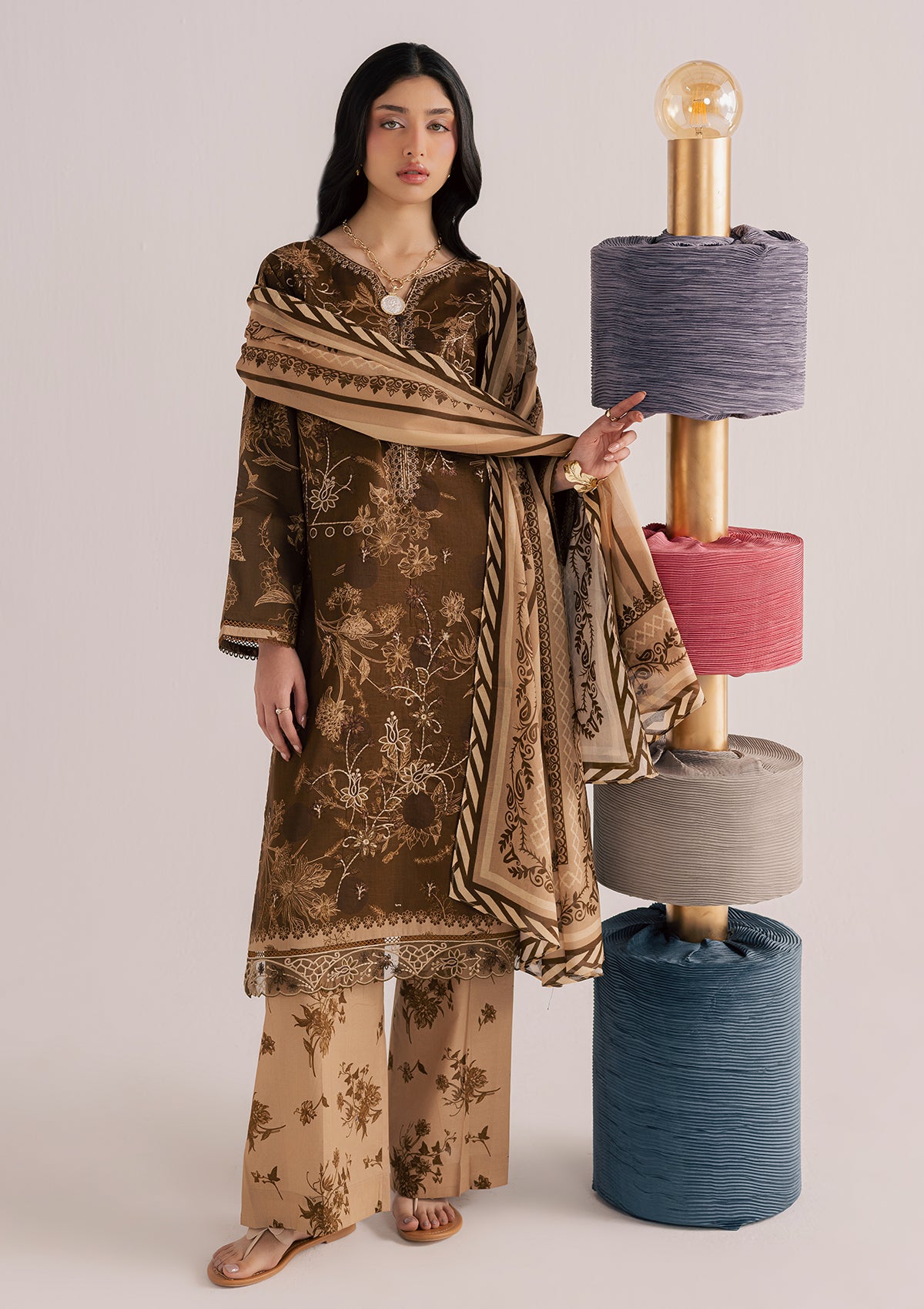 Dark Brown Embroidered Lawn 3 Piece Suit Online in Dubai DXB UAE Abudhabi Meena Bazaar
