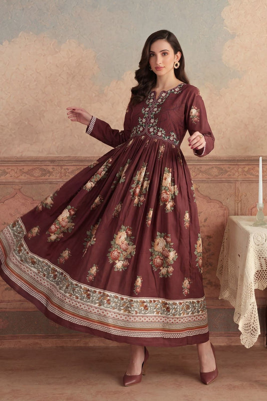 Dark Brown Embroidered Lawn Anarkali Suit Online in Dubai UAE Abudhabi Ajman Sharjah