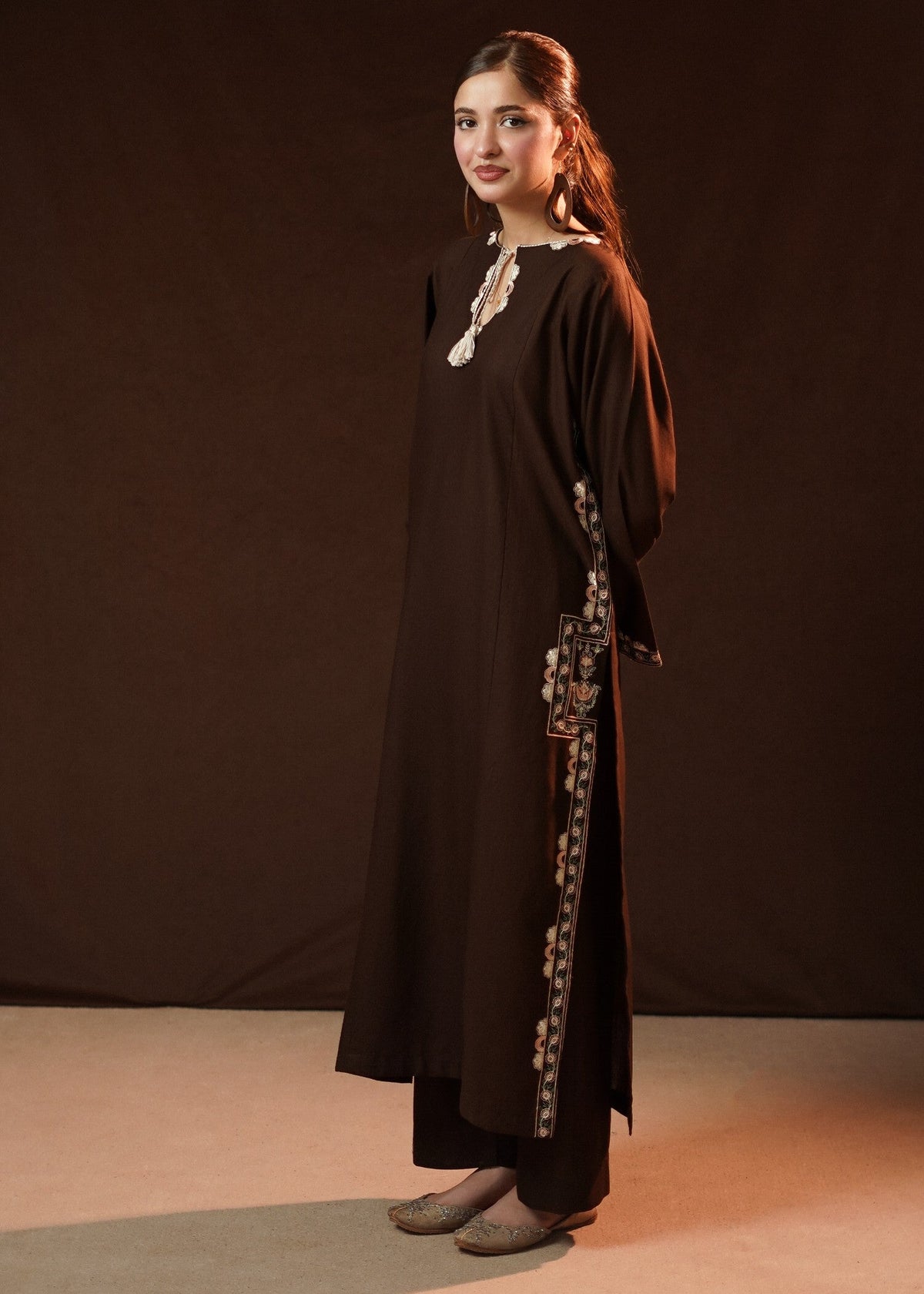 Dark Brown Embroidered Slub Khaddar Daily Wear Kurta Set Online in Dubai DXB UAE Abudhabi Meena Bazaar