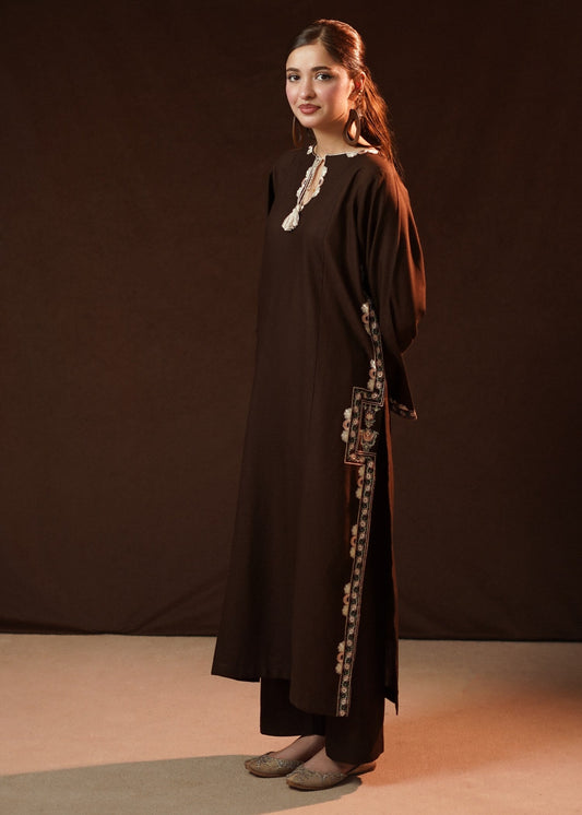 Dark Brown Embroidered Slub Khaddar Daily Wear Kurta Set Online in Dubai DXB UAE Abudhabi Meena Bazaar