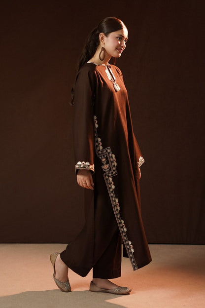 Dark Brown Embroidered Slub Khaddar Kurta Set Online in Dubai UAE Abudhabi Ajman Sharjah