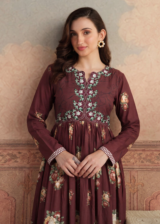 Dark Brown Lawn Anarkali Pakistani Suit Online in Sri Lanka India Australia