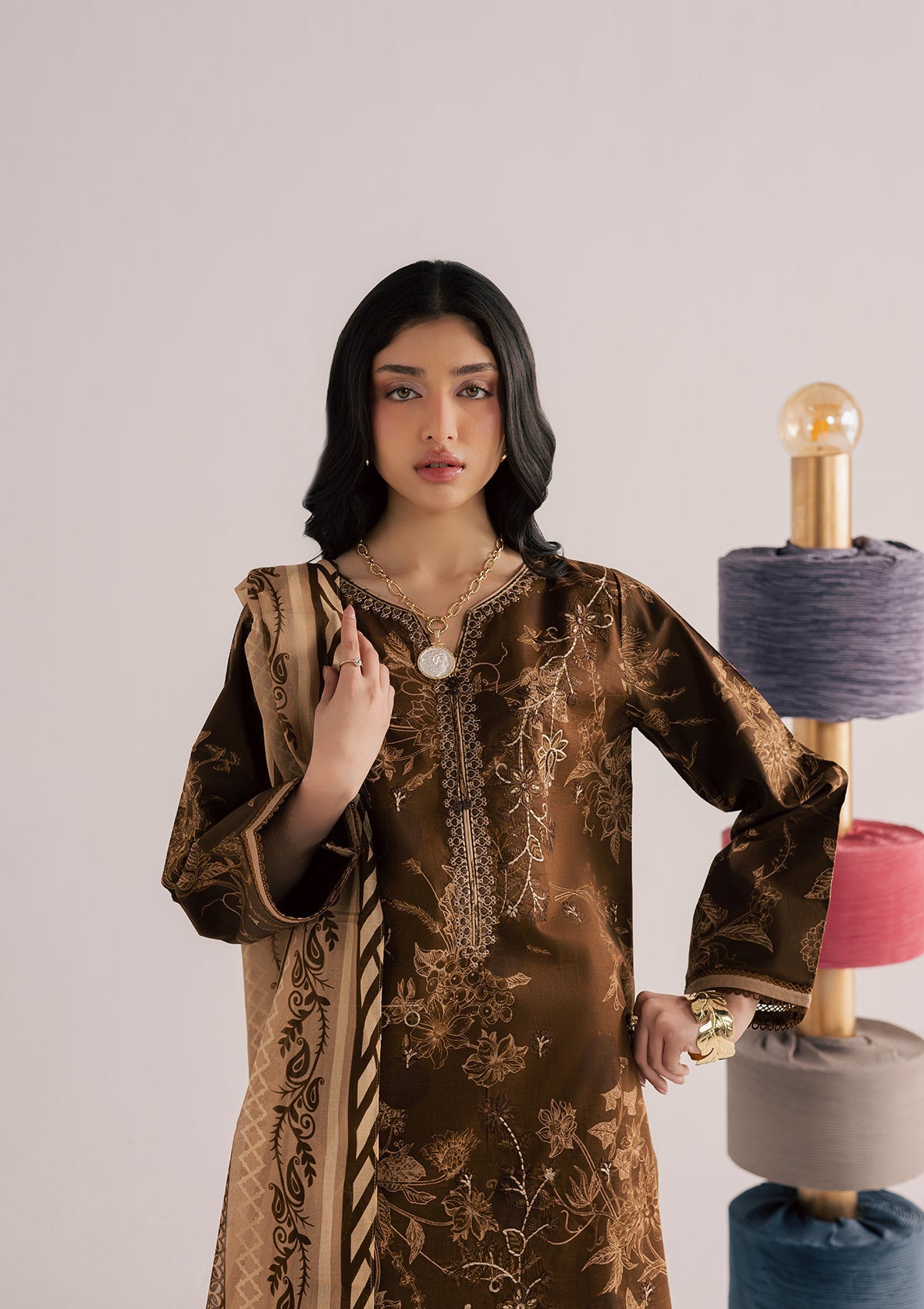 Dark Brown Lawn Embroidered 3 Piece Outfit Online in Sri Lanka India Australia