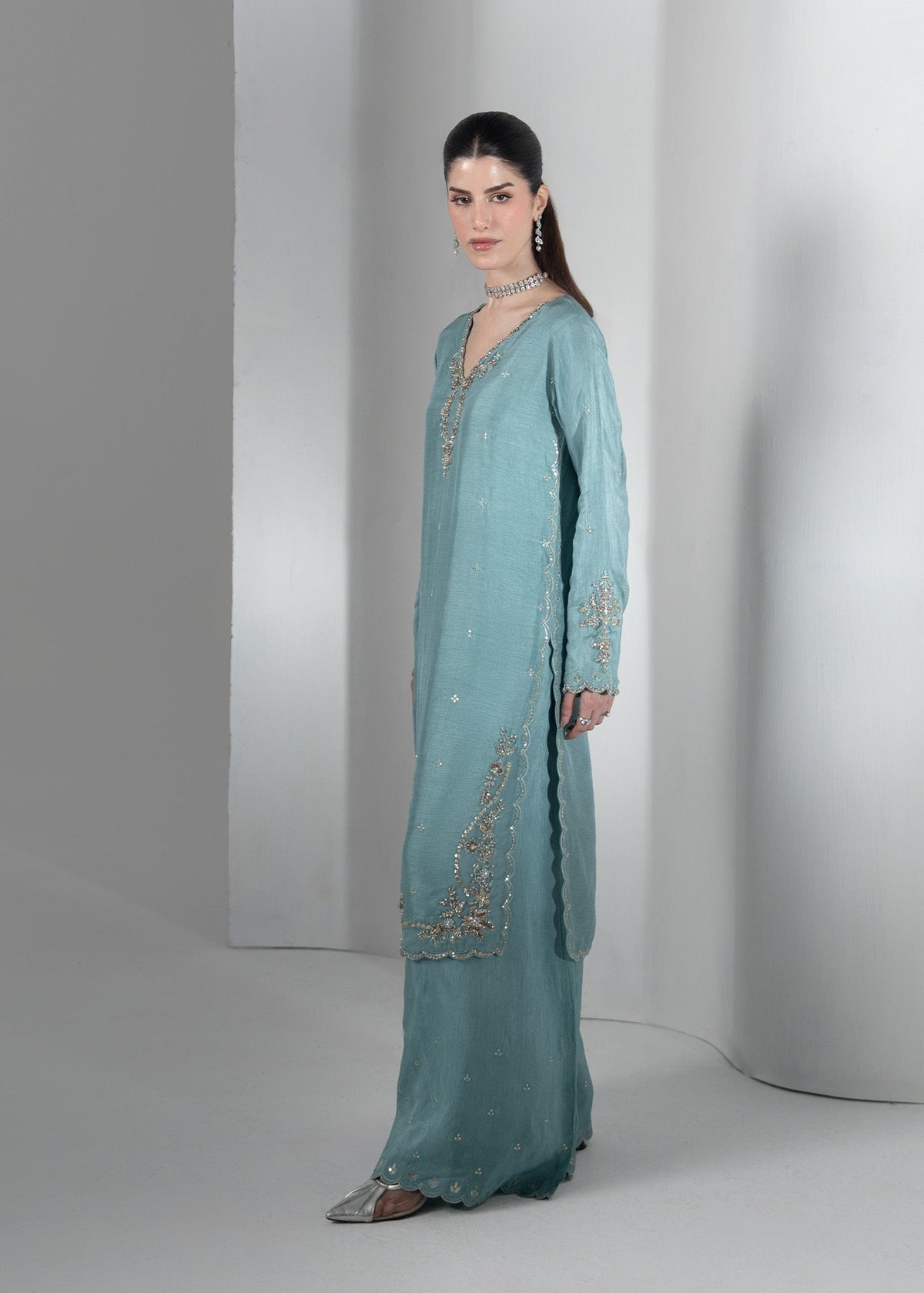 Dark Cyan Embellished Raw Silk Festive Suit Online in Dubai DXB UAE Abudhabi Meena Bazaar