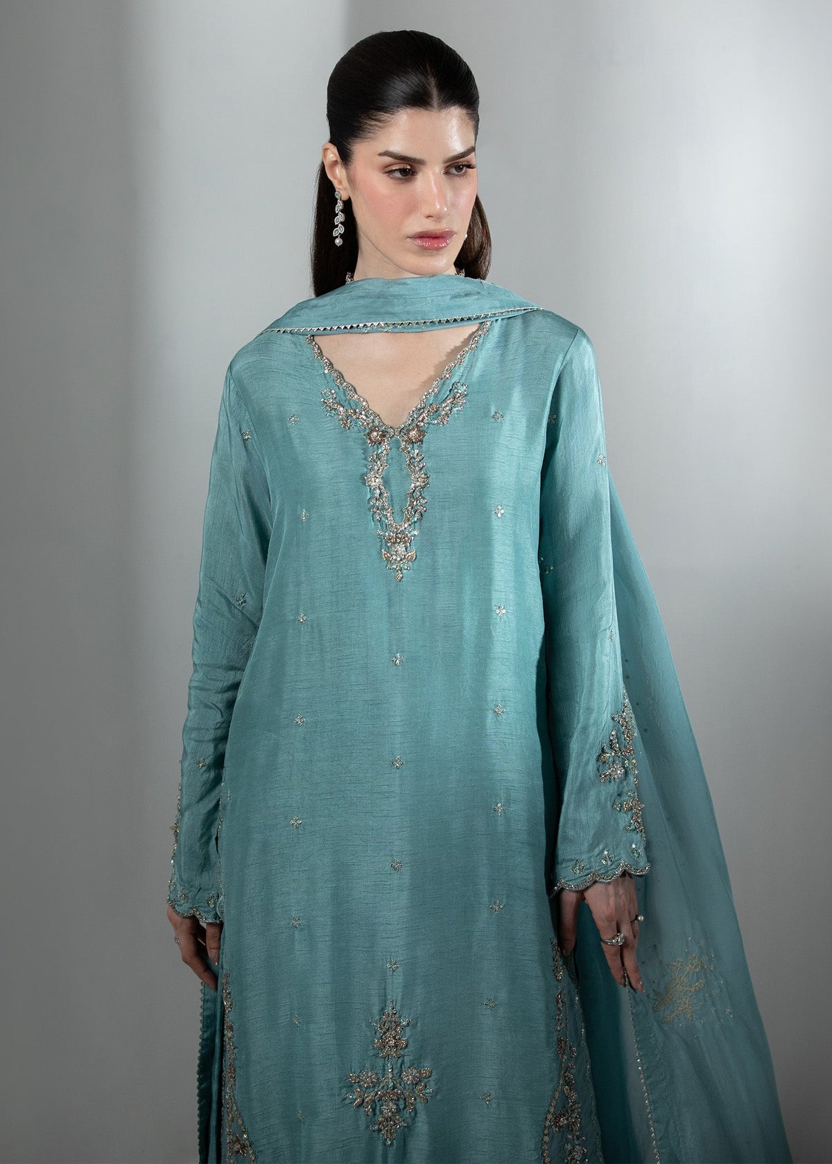 Dark Cyan Embellished Raw Silk Salwar Kameez Online in KSA Riyadh Saudi Arabia Oman Bahrain Qatar