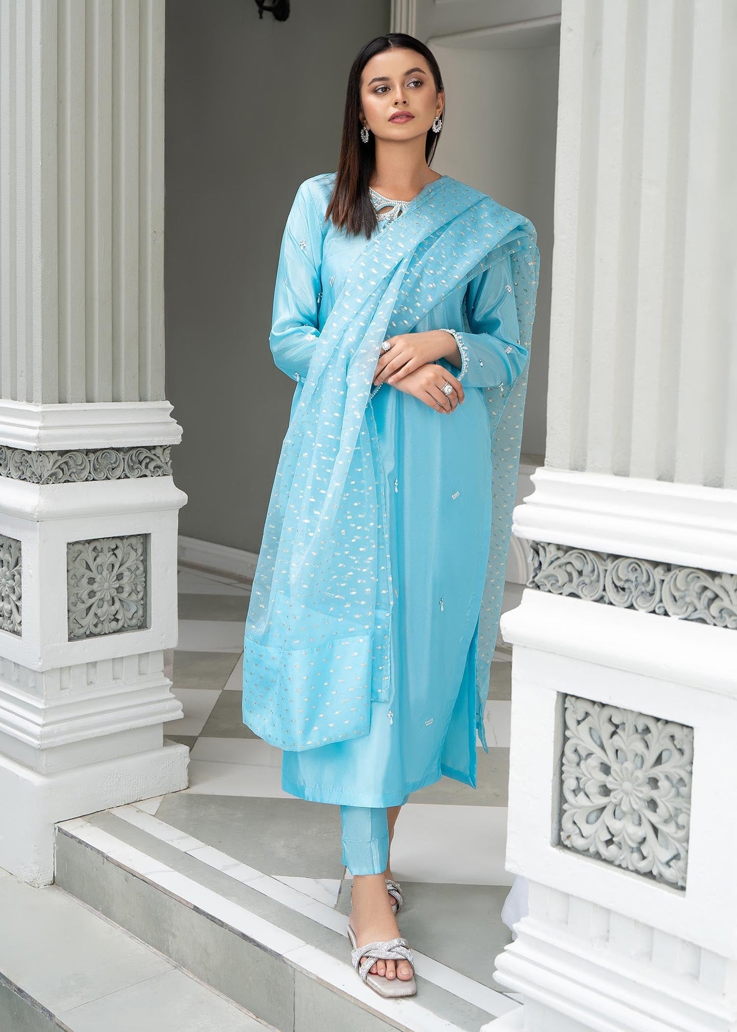 Dark Cyan Embroidered Katan Silk Salwar Kameez Online in KSA Riyadh Saudi Arabia Oman Bahrain Qatar