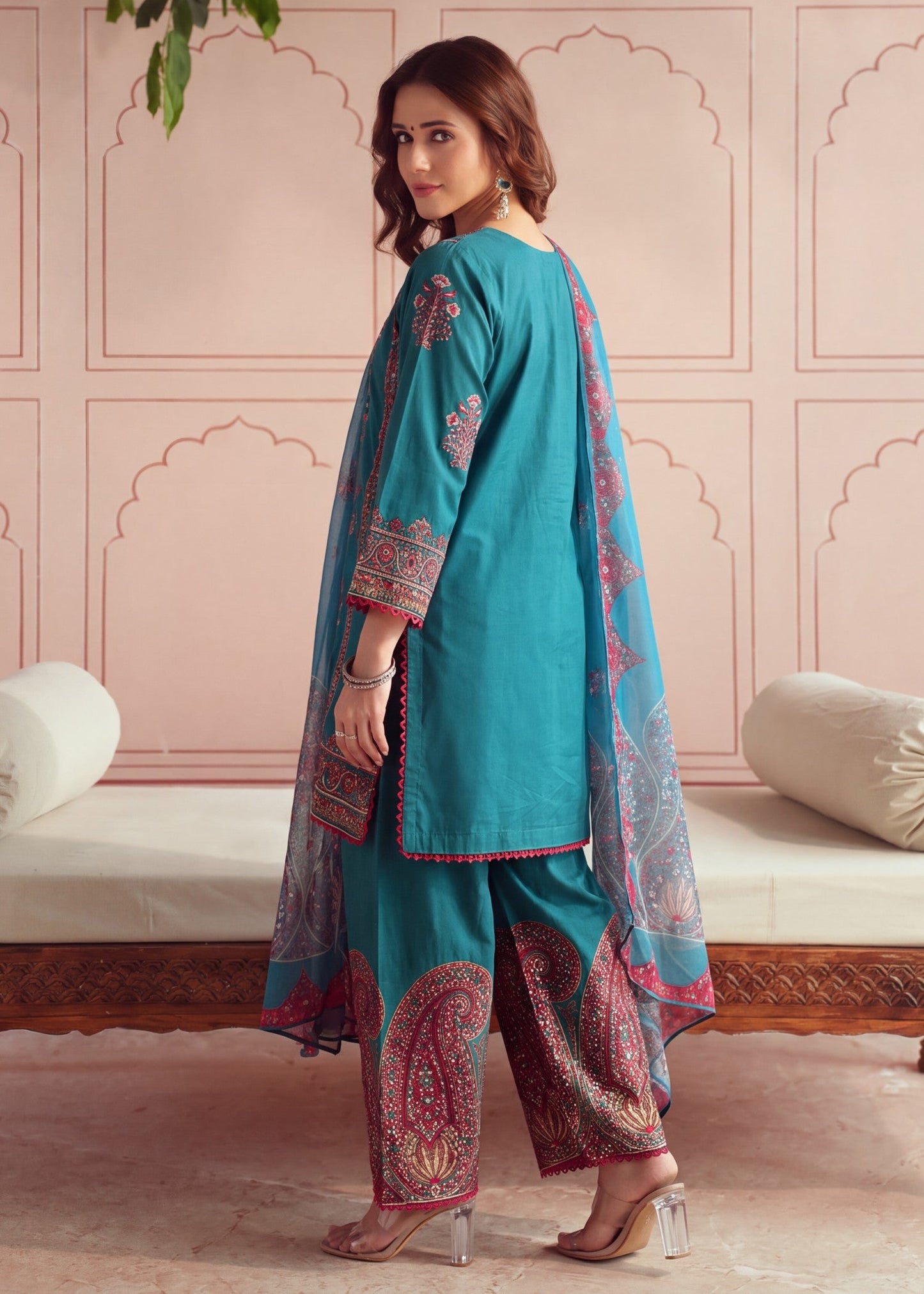 Dark Cyan Embroidered Lawn Salwar Kameez Online in KSA Riyadh Saudi Arabia Oman Bahrain Qatar