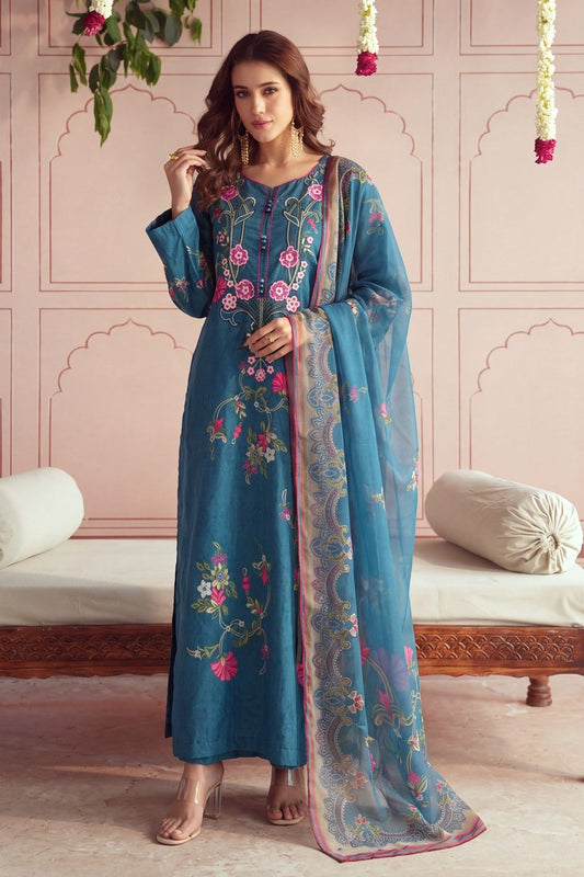 Dark Cyan Embroidered Lawn Suit Online in Dubai UAE Abudhabi Ajman Sharjah