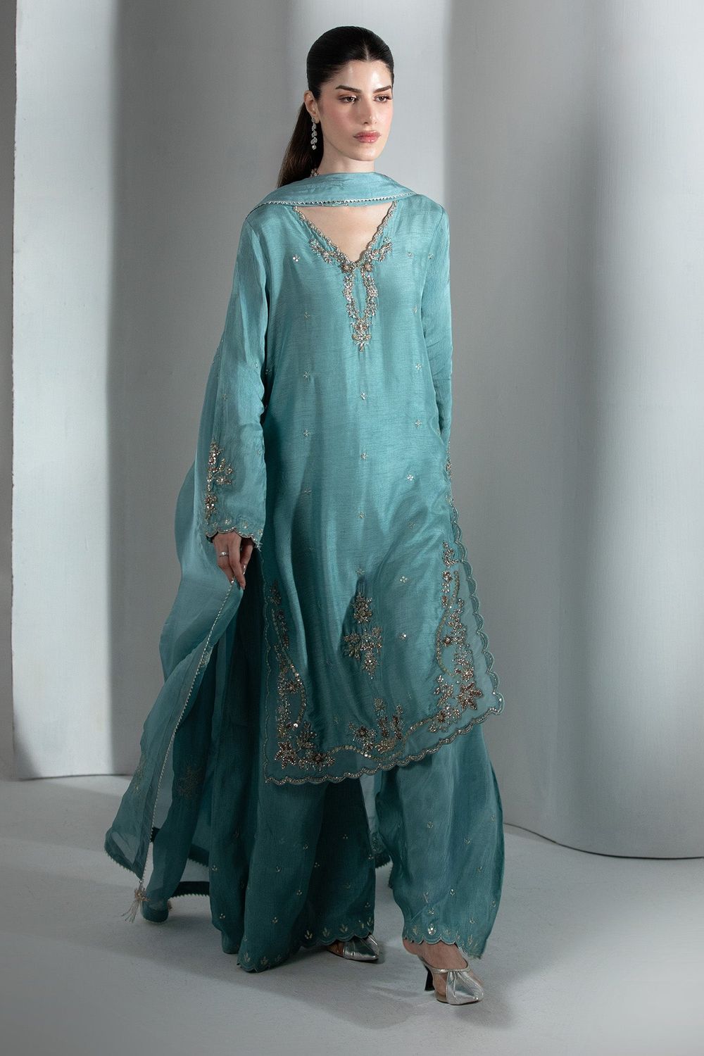 Dark Cyan Embroidered Raw Silk Pakistani Suit Online in Dubai UAE Abudhabi Ajman Sharjah