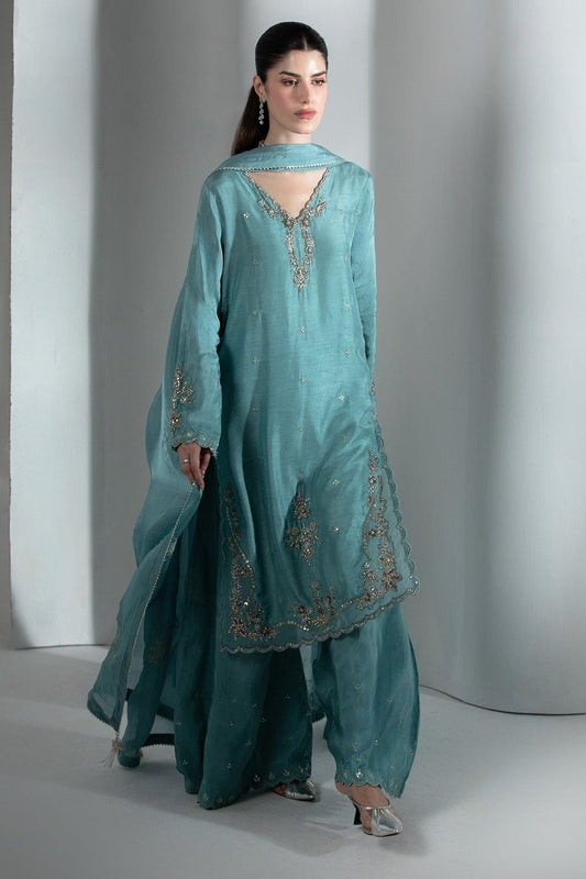 Dark Cyan Embroidered Raw Silk Pakistani Suit Online in Dubai UAE Abudhabi Ajman Sharjah