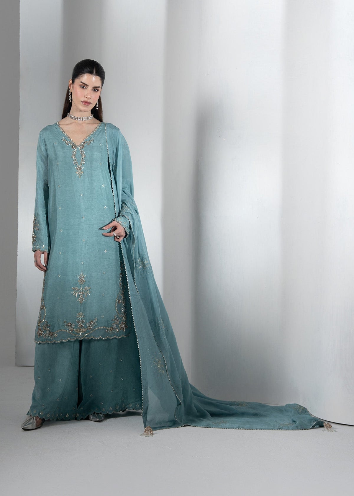 Dark Cyan Heavy Embroidered Raw Silk Pakistani Designer Suits Online in Sri Lanka India Australia