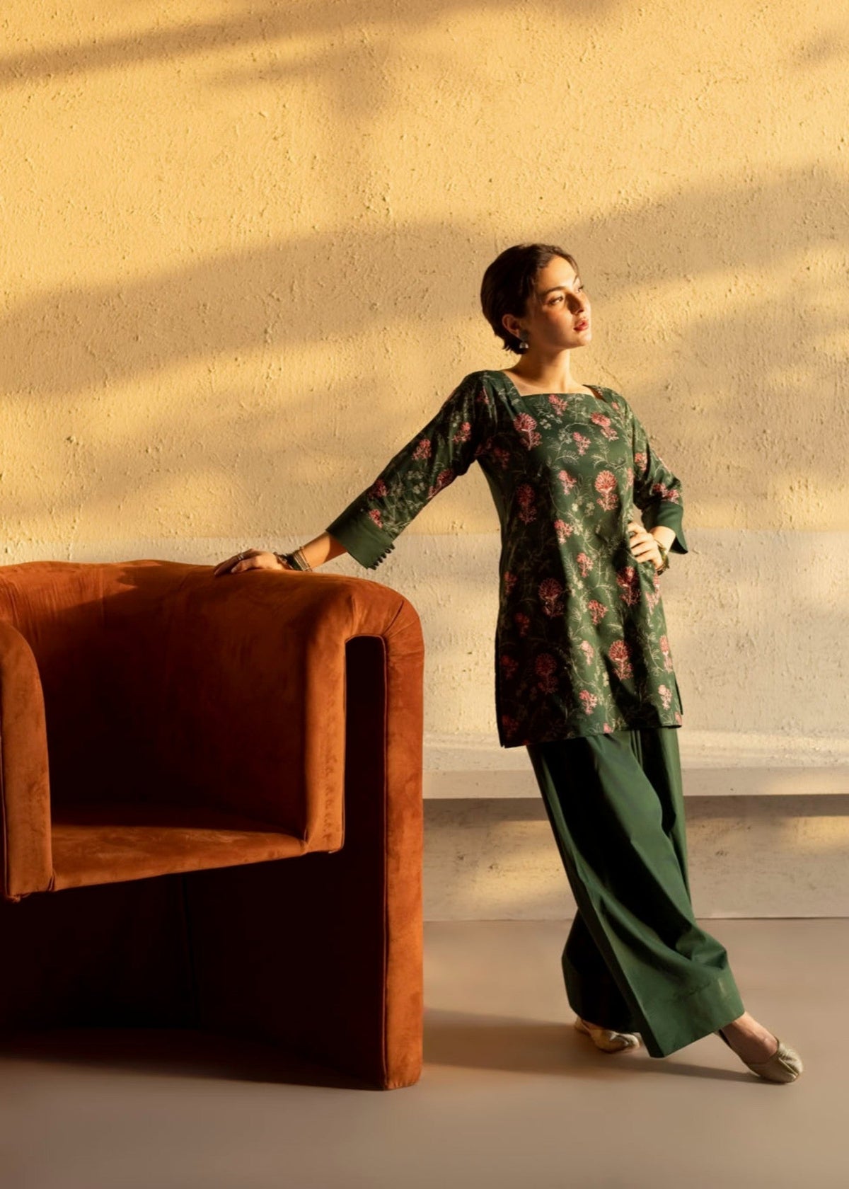 Dark Green Cambric Cotton Straight Cut Kurta with Farshi Shalwar Online in Sri Lanka India Australia