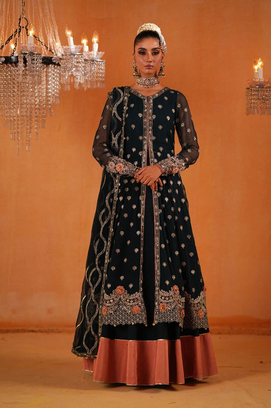 Dark Green Chiffon Anarkali Gown Partywear Online in Dubai UAE Abudhabi Ajman Sharjah