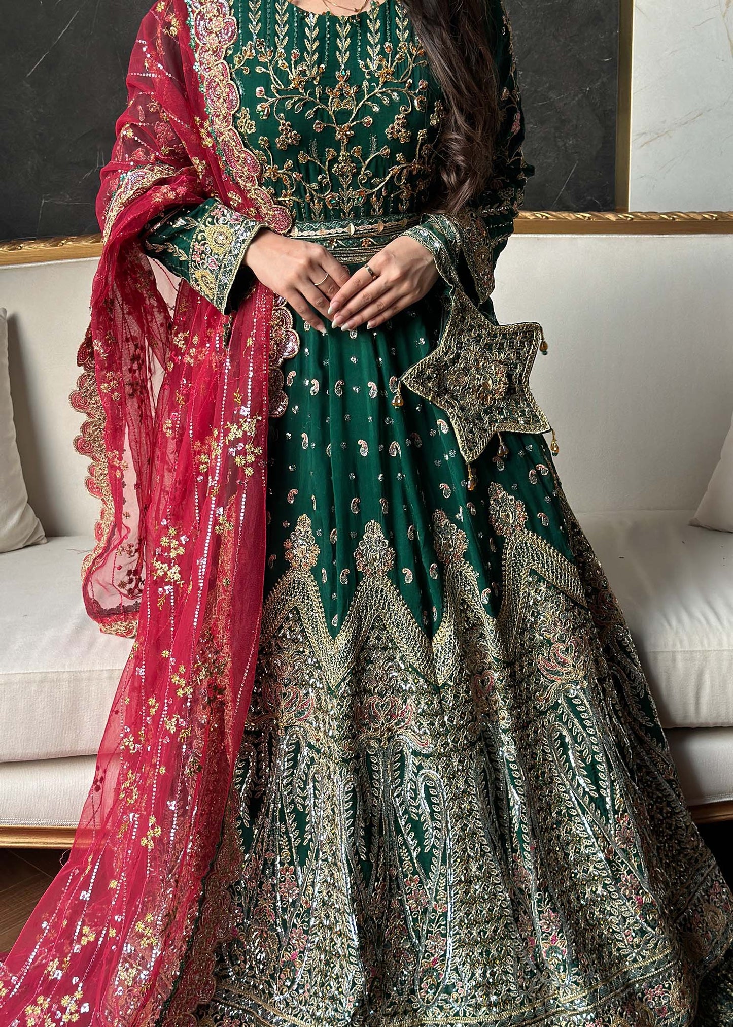 Dark Green Chiffon Embroidered 4 Piece Suit Online in Sri Lanka India Australia
