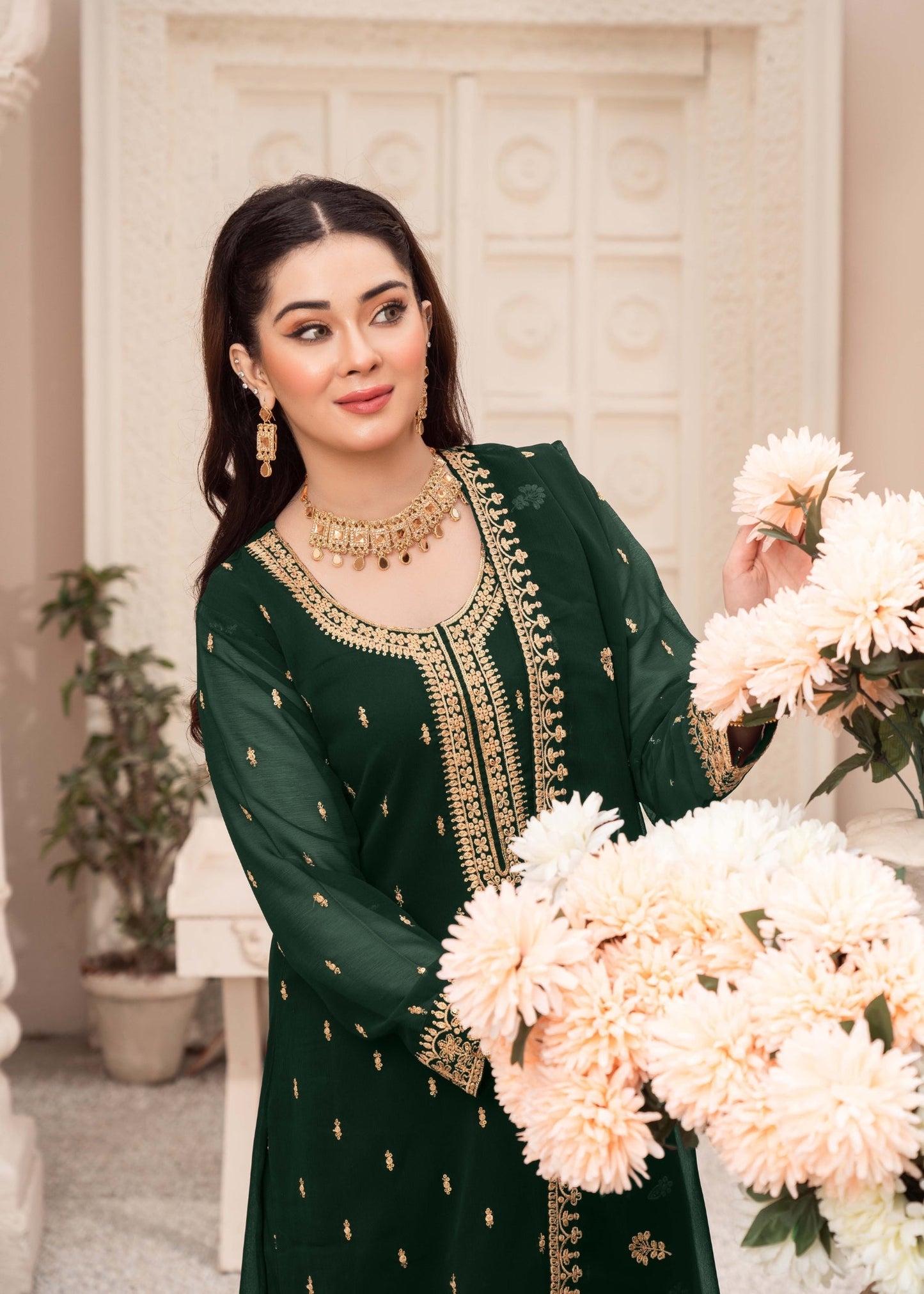 Dark Green Chiffon Embroidered Party Suit Online in Dubai DXB UAE Abudhabi Meena Bazaar