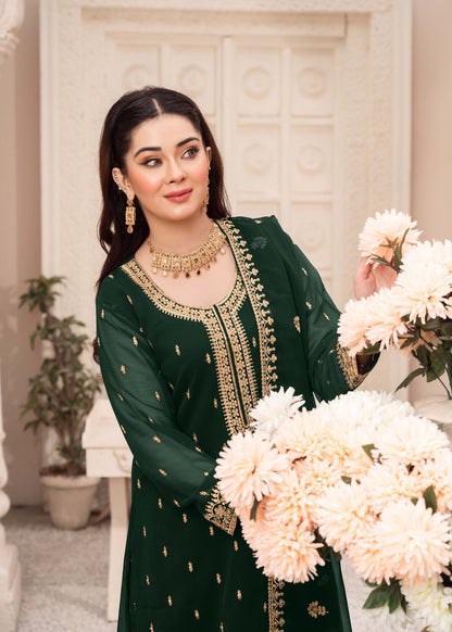 Dark Green Chiffon Embroidered Party Suit Online in Dubai DXB UAE Abudhabi Meena Bazaar