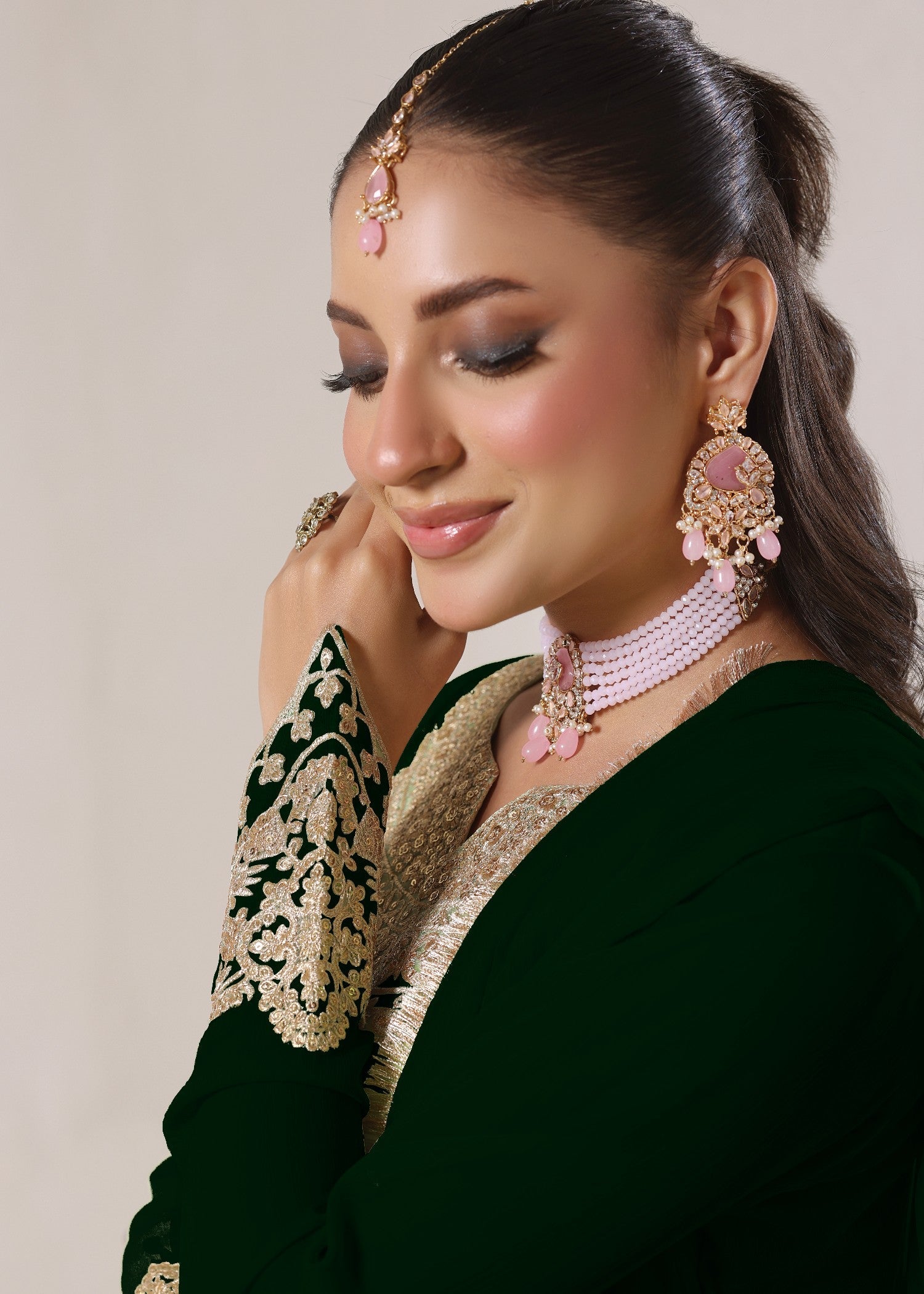 Dark Green Chiffon Embroidered Pishwas Dupatta Online in KSA Riyadh Saudi Arabia Oman Bahrain Qatar