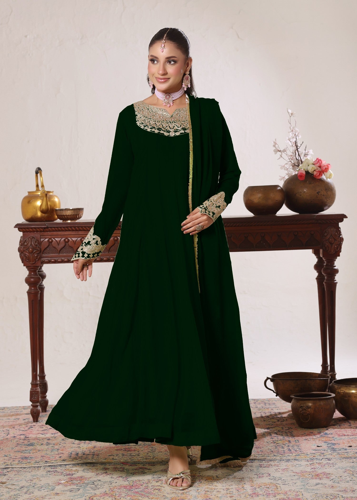 Dark Green Chiffon Flared Pishwas Embroidered Suit Online in Dubai DXB UAE Abudhabi Meena Bazaar