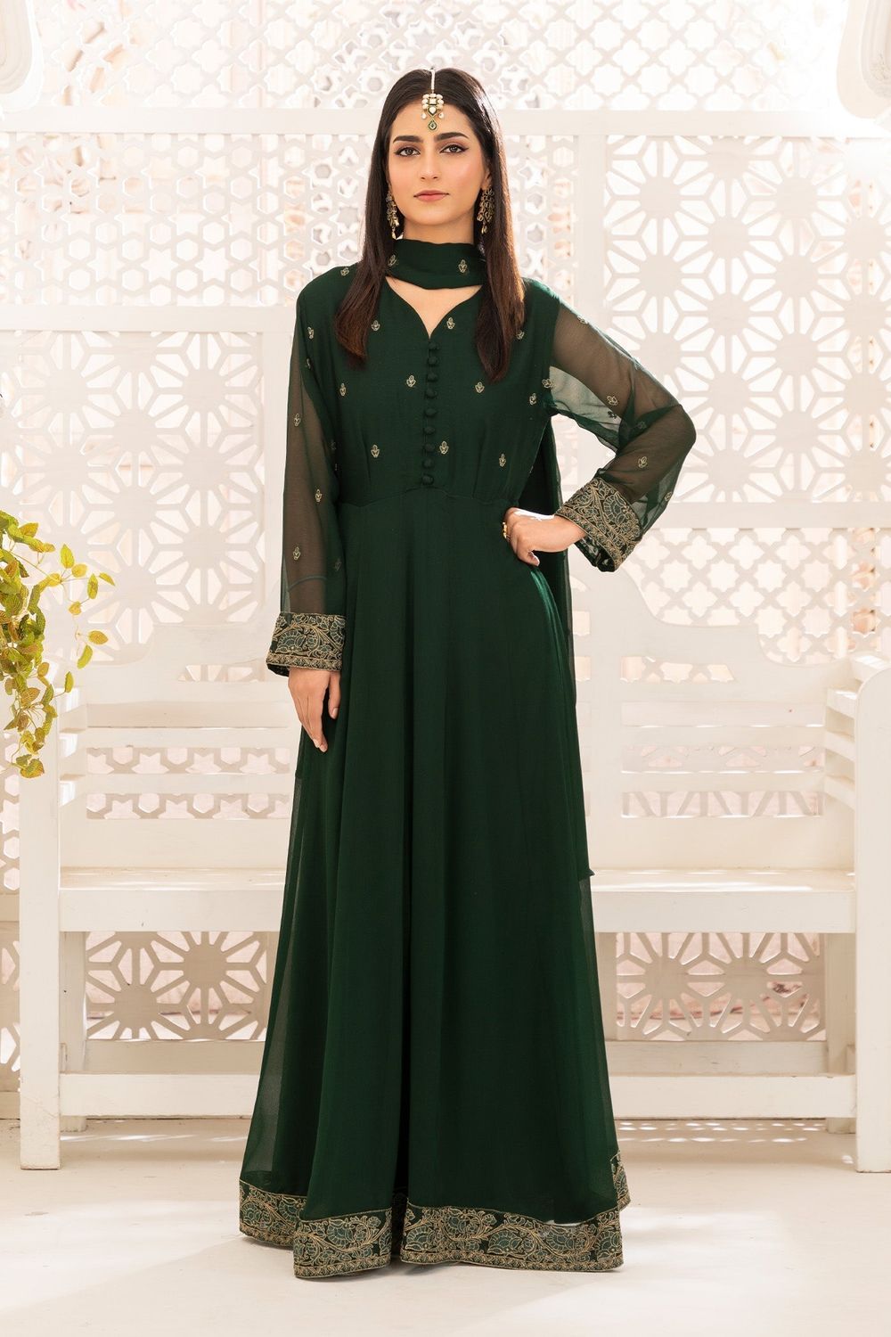 Dark Green Chiffon Flared Pishwas with Gold Tilla Border Online in Dubai UAE Abudhabi Ajman Sharjah