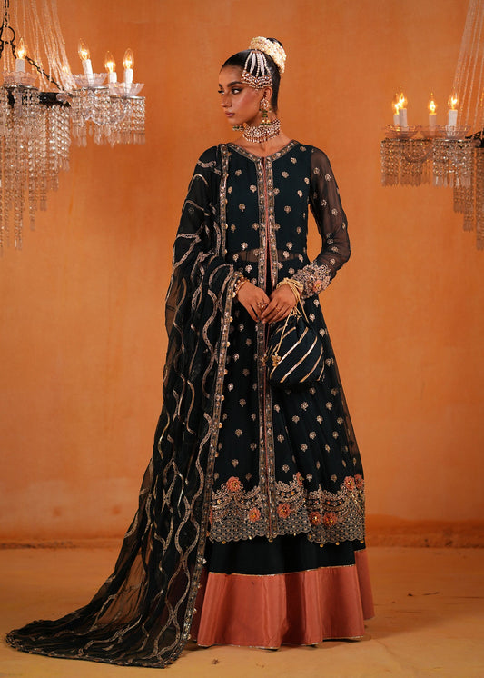 Dark Green Chiffon Gown with Dupatta Online in Dubai DXB UAE Abudhabi Meena Bazaar