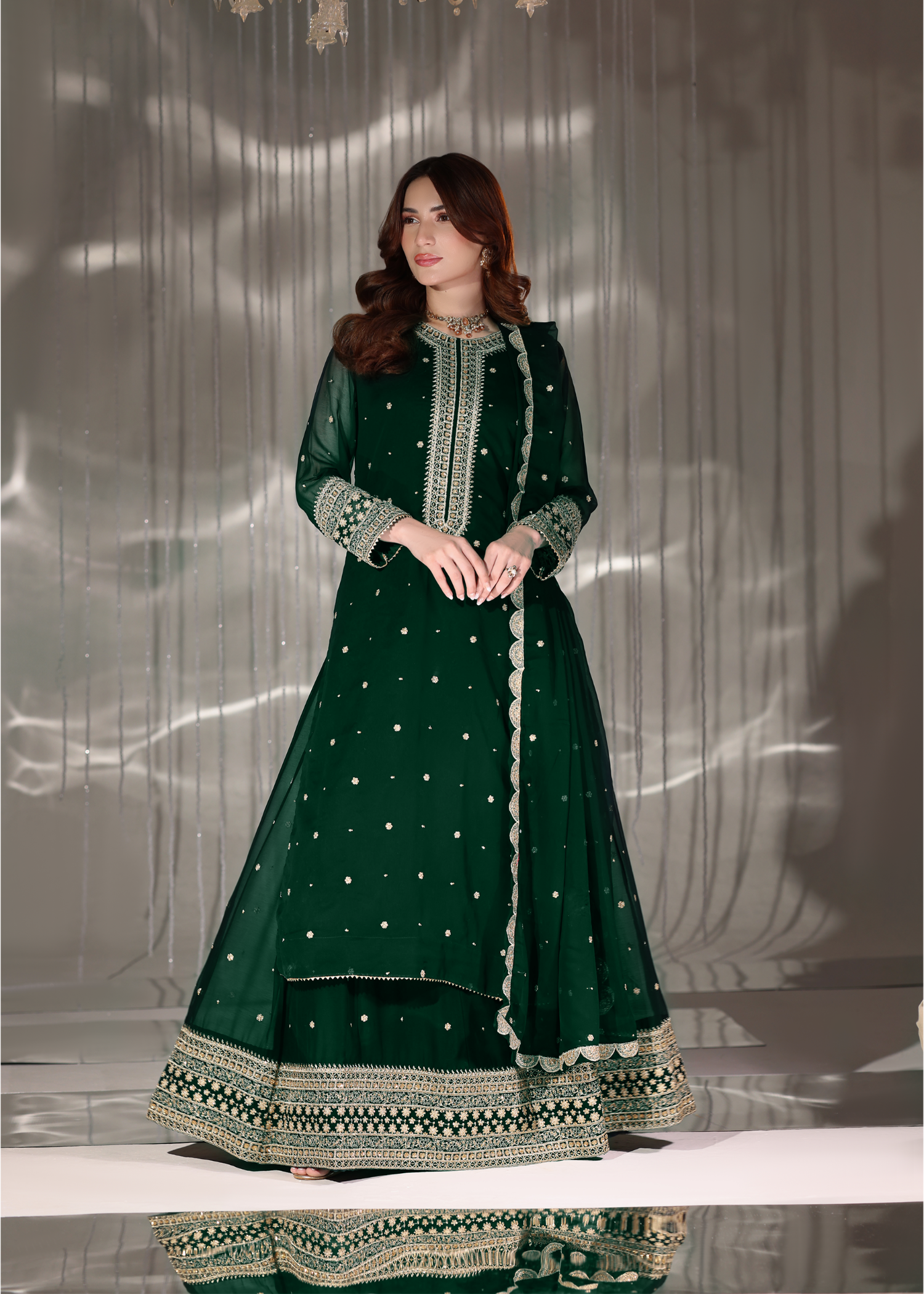 Dark Green Embellished Chiffon Lehenga Suit Online in Dubai DXB UAE Abudhabi Meena Bazaar