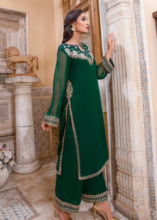 Dark Green Embellished Chiffon Salwar Kameez Online in KSA Riyadh Saudi Arabia Oman Bahrain Qatar