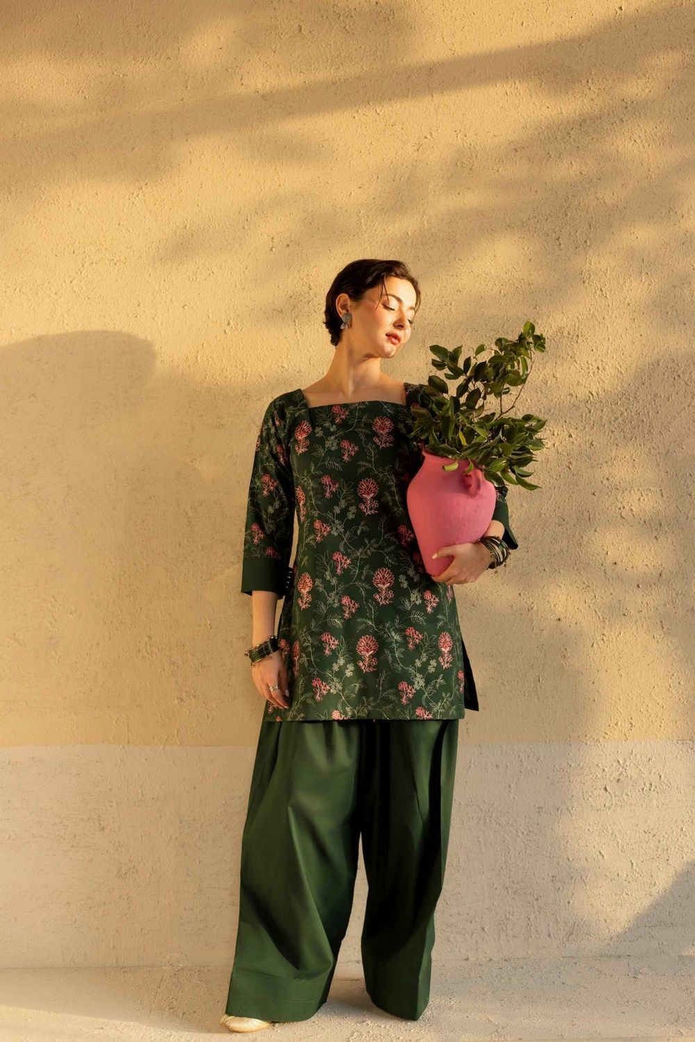 Dark Green Embroidered Cambric Cotton Farshi Shalwar Kurta Set Online in Dubai UAE Abudhabi Ajman Sharjah