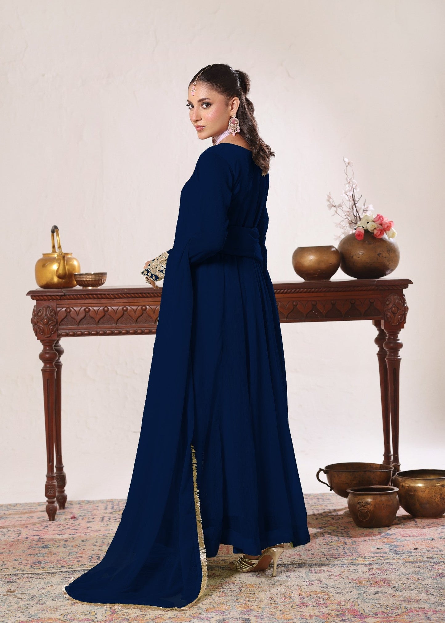 Dark Green Embroidered Chiffon 3 Piece Suit Online in Dubai DXB UAE Abudhabi Meena Bazaar