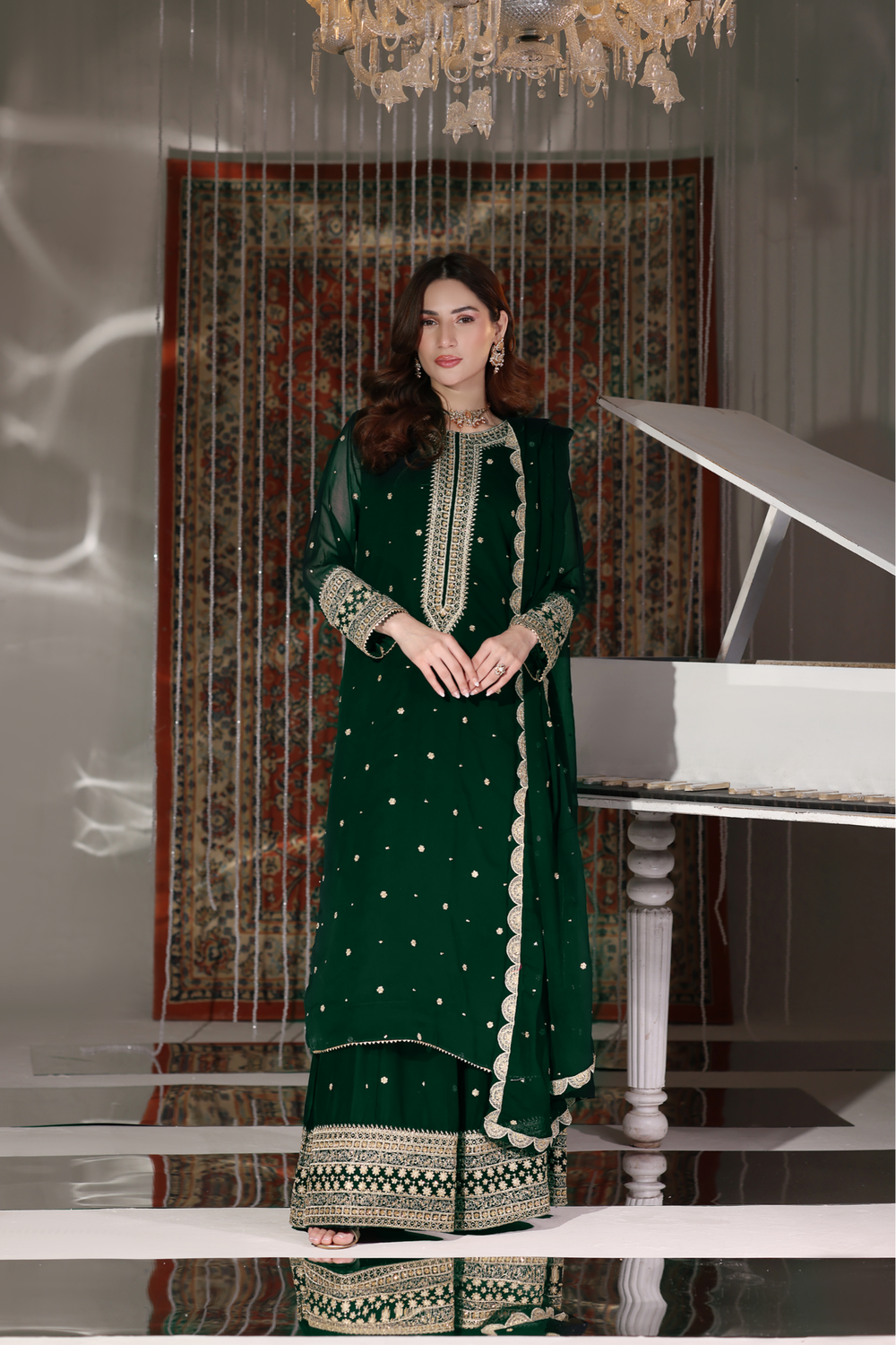 Dark Green Embroidered Chiffon Festive Suit Online in Dubai UAE Abudhabi Ajman Sharjah