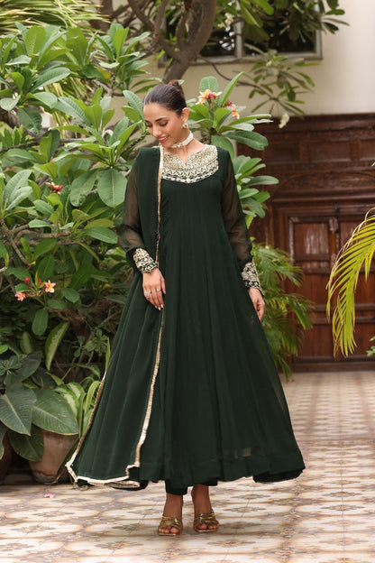 Dark Green Embroidered Chiffon Flared Pishwas Online in Dubai UAE Abudhabi Ajman Sharjah